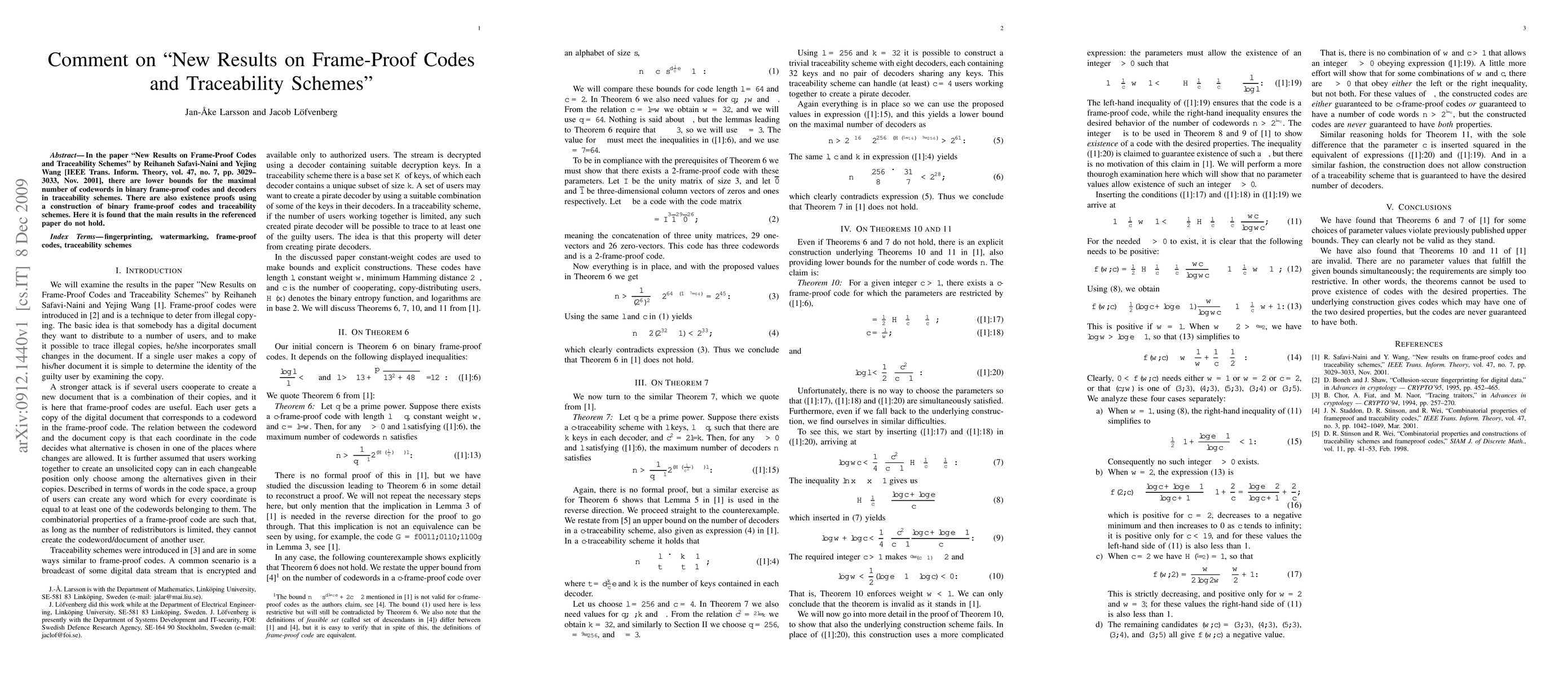 Thumbnail for Comment on "New Results on Frame-Proof Codes and Traceability Schemes"
