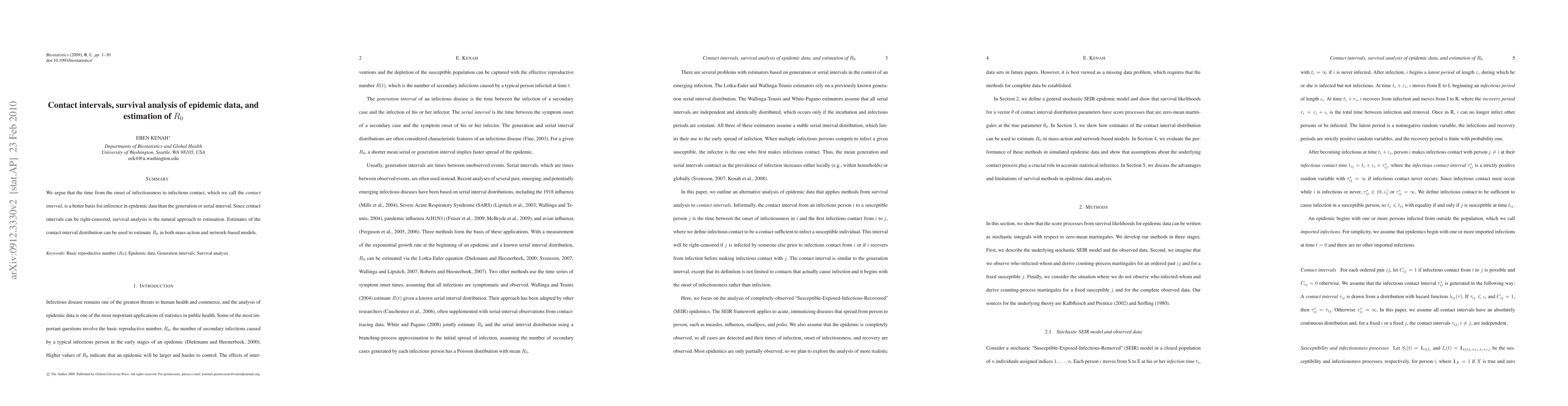 Thumbnail for Contact intervals, survival analysis of epidemic data, and estimation of
  R_0