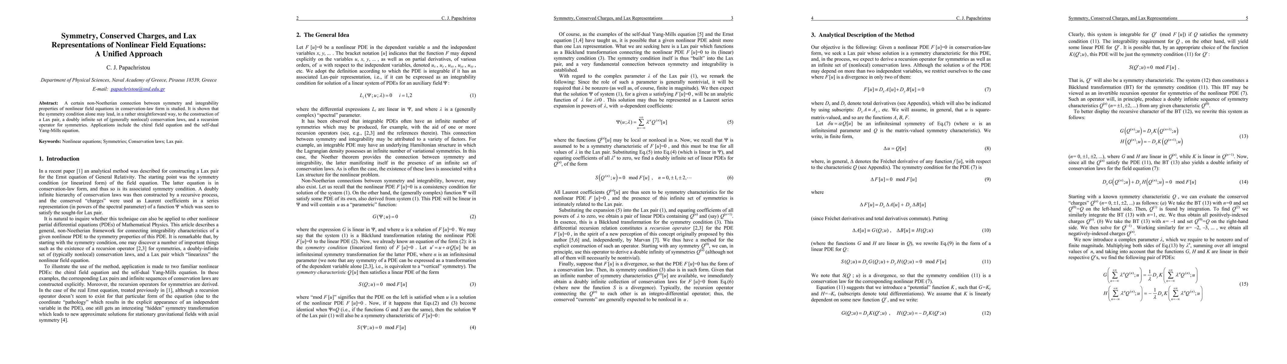 Thumbnail for Symmetry, Conserved Charges, and Lax Representations of Nonlinear Field
  Equations: A Unified Approach