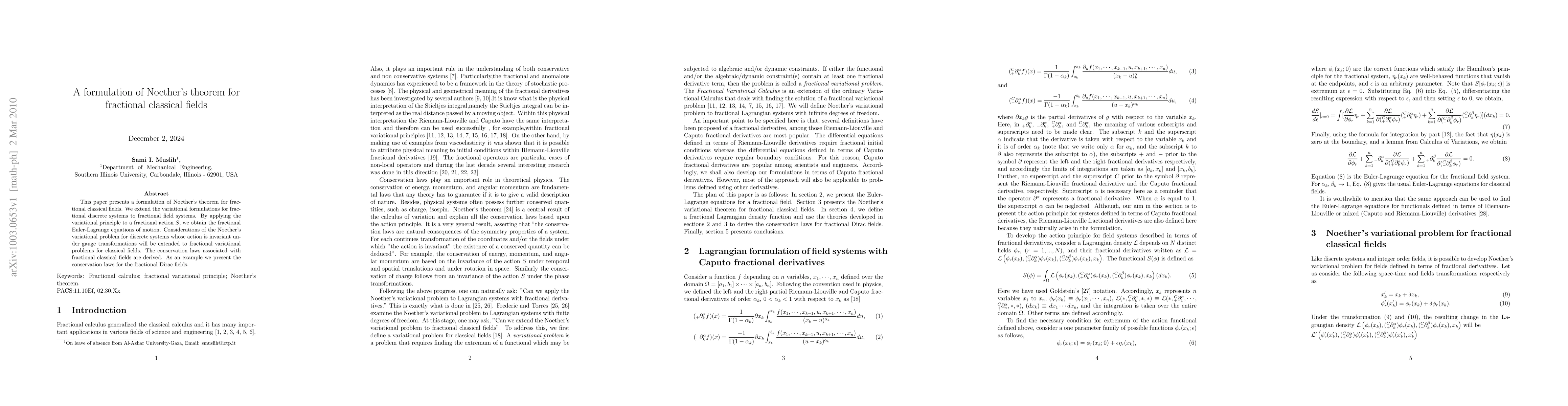 Thumbnail for A formulation of Noether's theorem for fractional classical fields