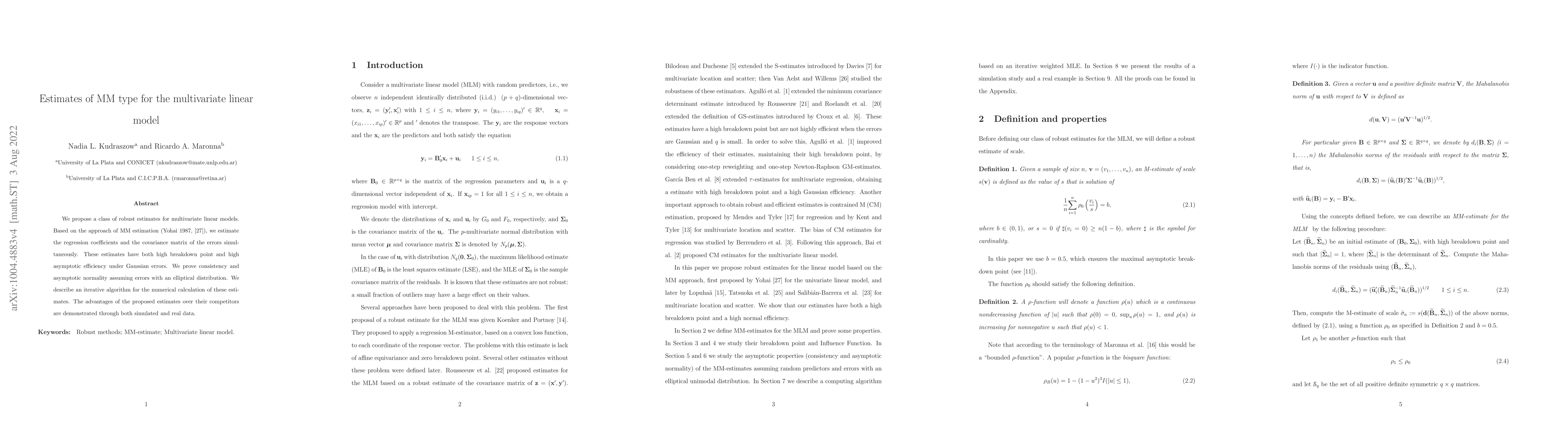 Thumbnail for Estimates of MM type for the multivariate linear model