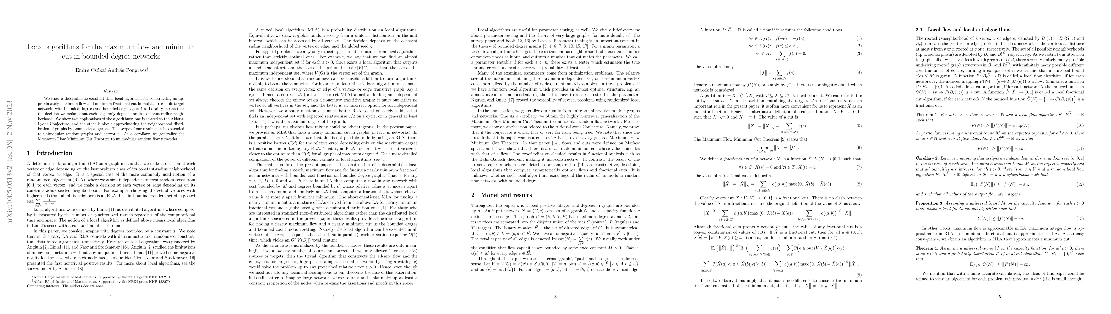 Thumbnail for Local algorithms for the maximum flow and minimum cut in bounded-degree
  networks