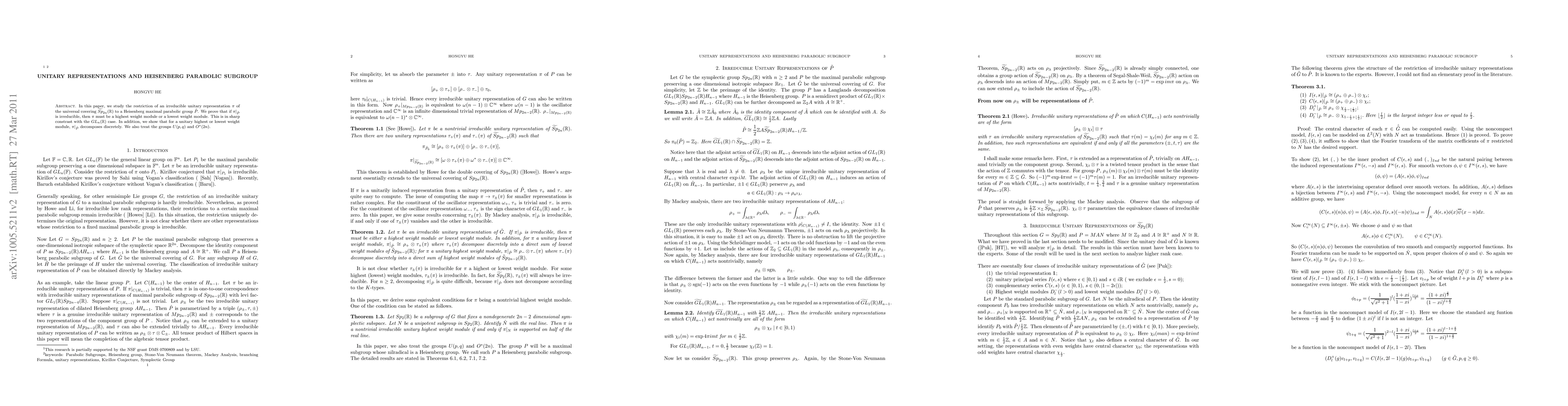 Thumbnail for Unitary Representations and Heisenberg Parabolic Subgroup