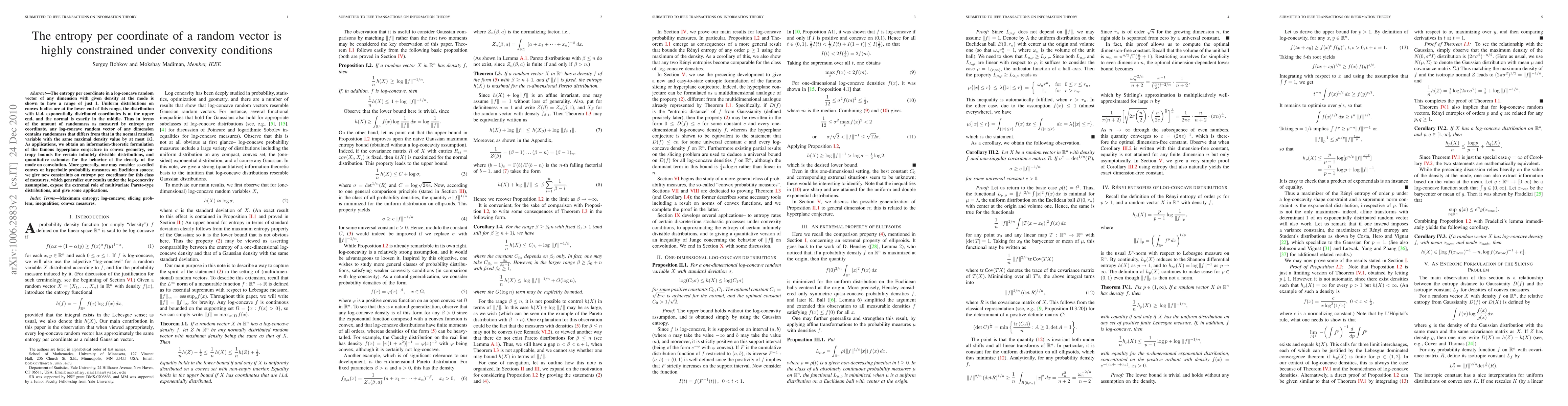 Thumbnail for The entropy per coordinate of a random vector is highly constrained
  under convexity conditions