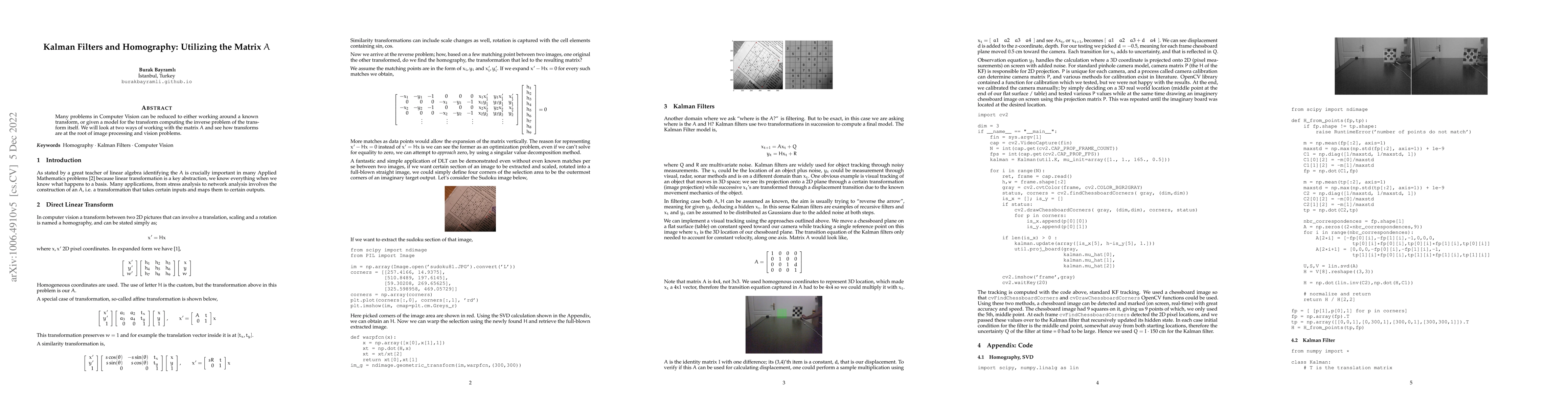 Thumbnail for Kalman Filters and Homography: Utilizing the Matrix $A$