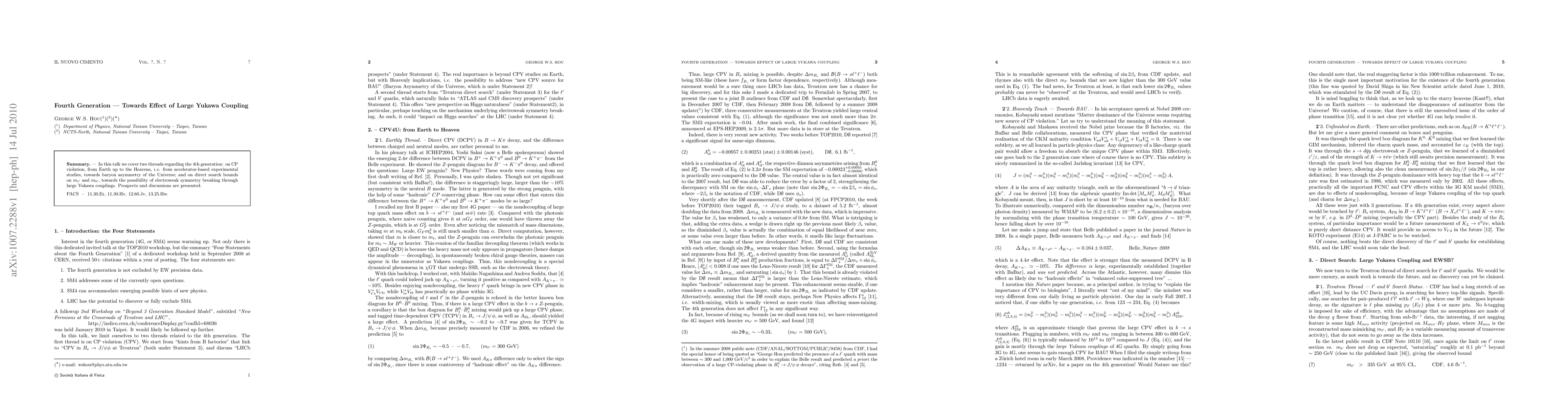 Thumbnail for Fourth Generation -- Towards Effect of Large Yukawa Coupling
