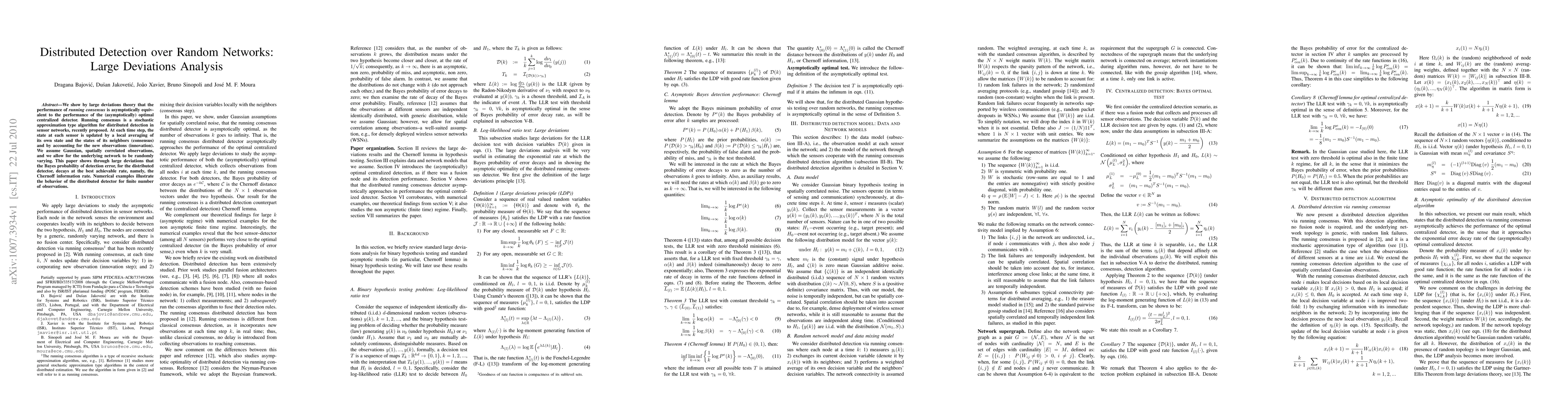 Thumbnail for Distributed Detection over Random Networks: Large Deviations Analysis