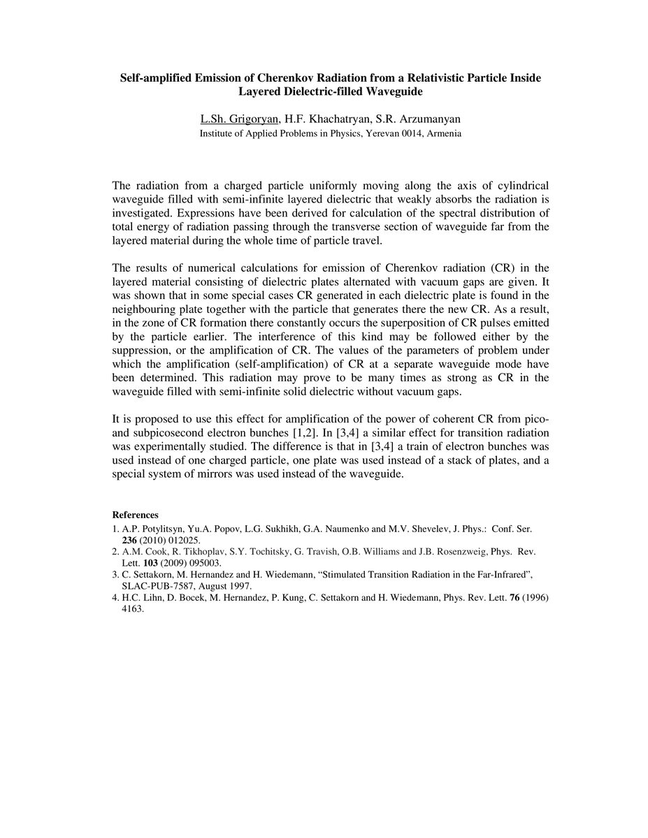 Thumbnail for Self-amplified Emission of Cherenkov Radiation from a Relativistic
  Particle Inside Layered Dielectric-filled Waveguide