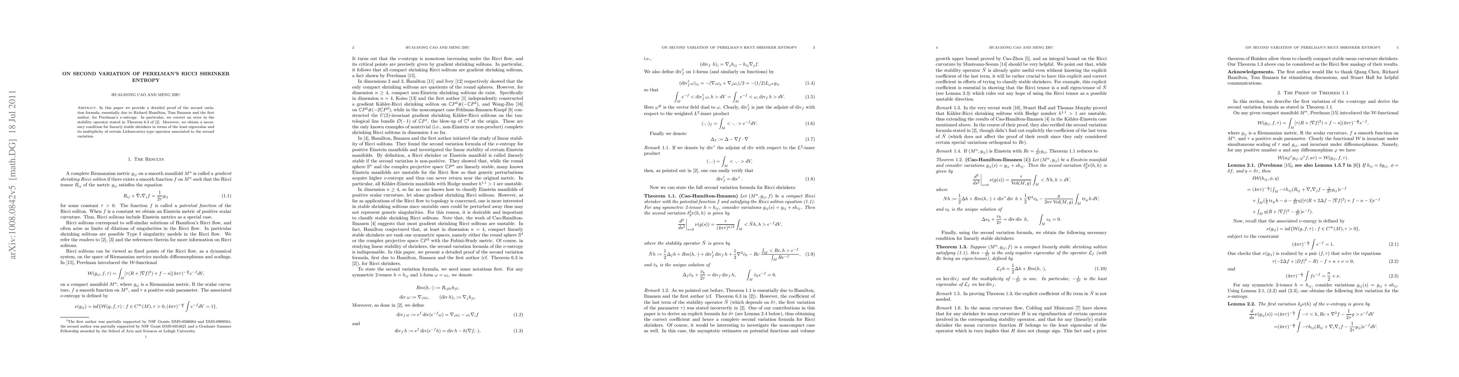 Thumbnail for On second variation of Perelman's Ricci shrinker entropy