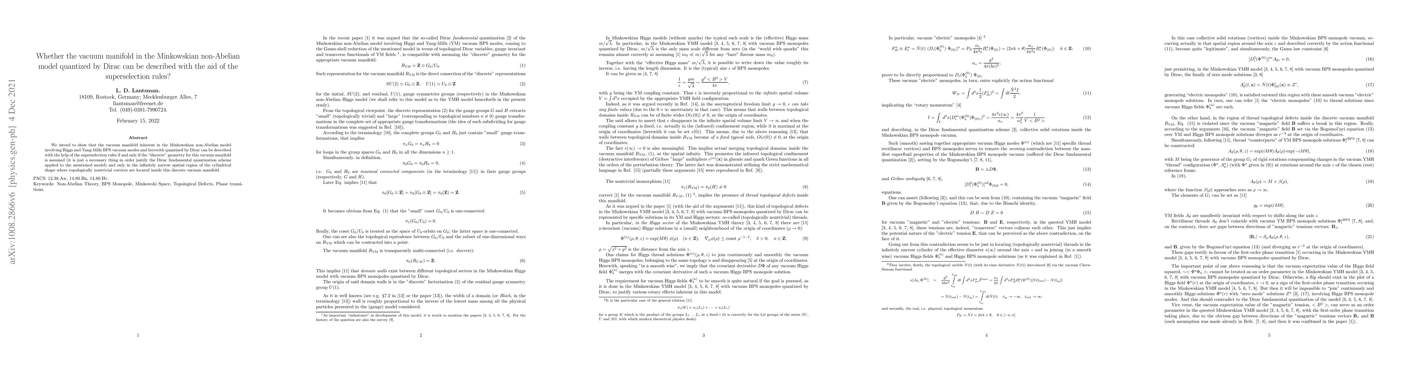 Thumbnail for Whether the vacuum manifold in the Minkowskian non-Abelian model
  quantized by Dirac can be described with the aid of the superselection rules?