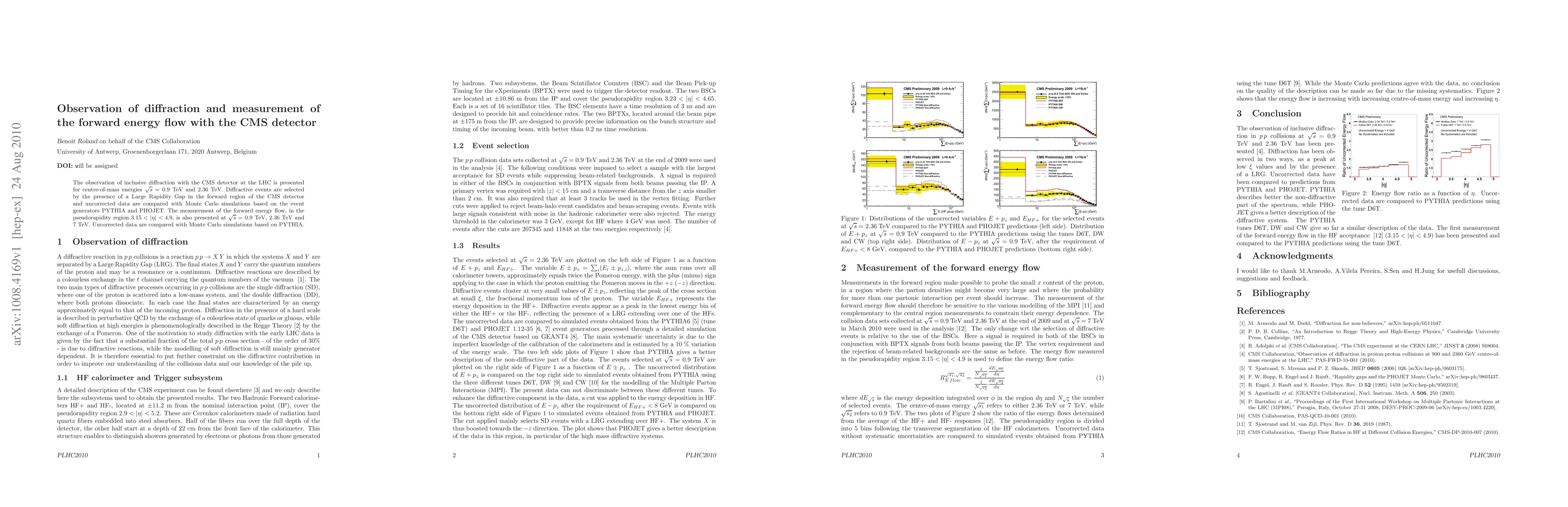 Thumbnail for Observation of diffraction and measurement of the forward energy flow
  with the CMS detector