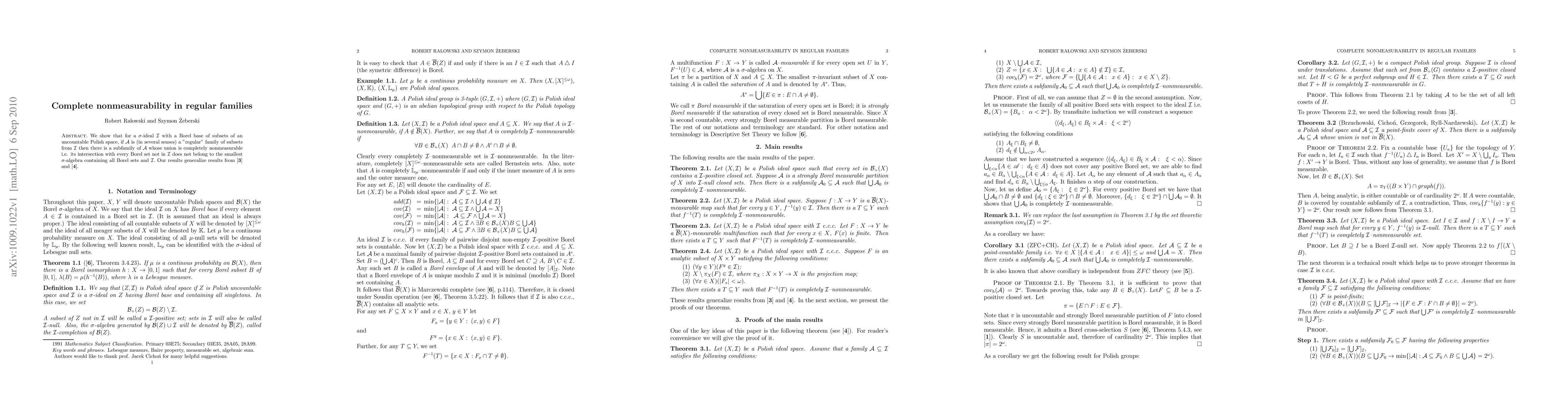 Thumbnail for Complete nonmeasurability in regular families