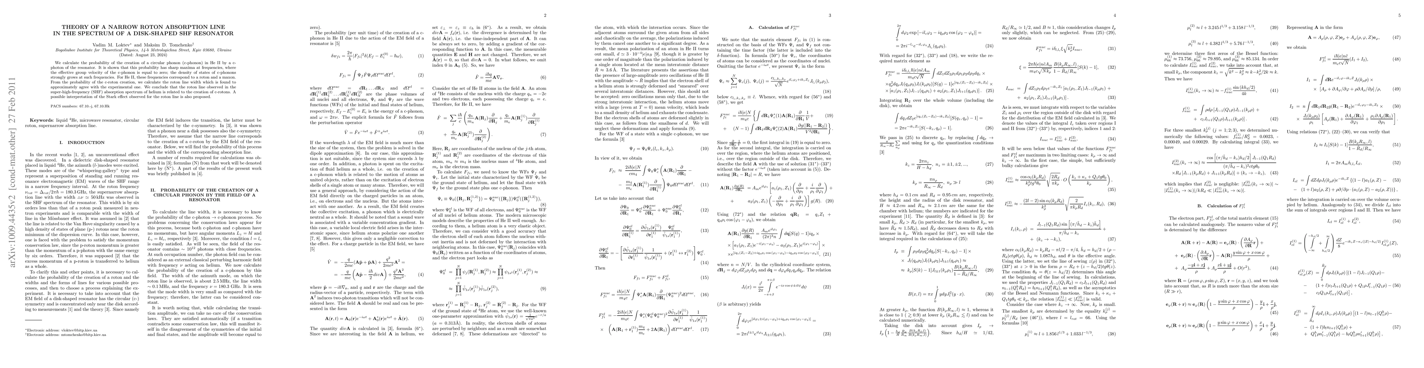 Thumbnail for Theory of a Narrow roton Absorption Line in the Spectrum of a
  Disk-Shaped SHF Resonator