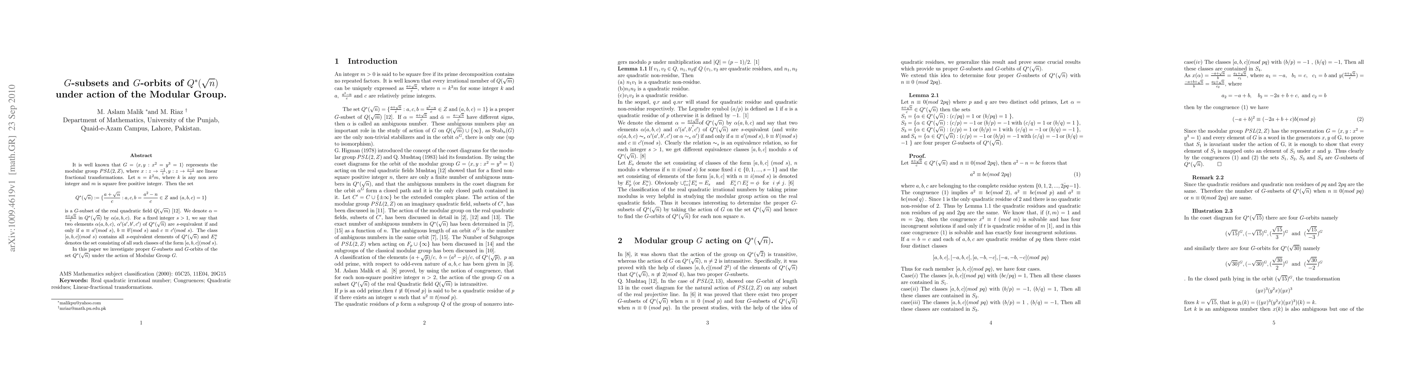 Thumbnail for G-subsets and G-orbits of Q(sqrt n) under action of the modular group