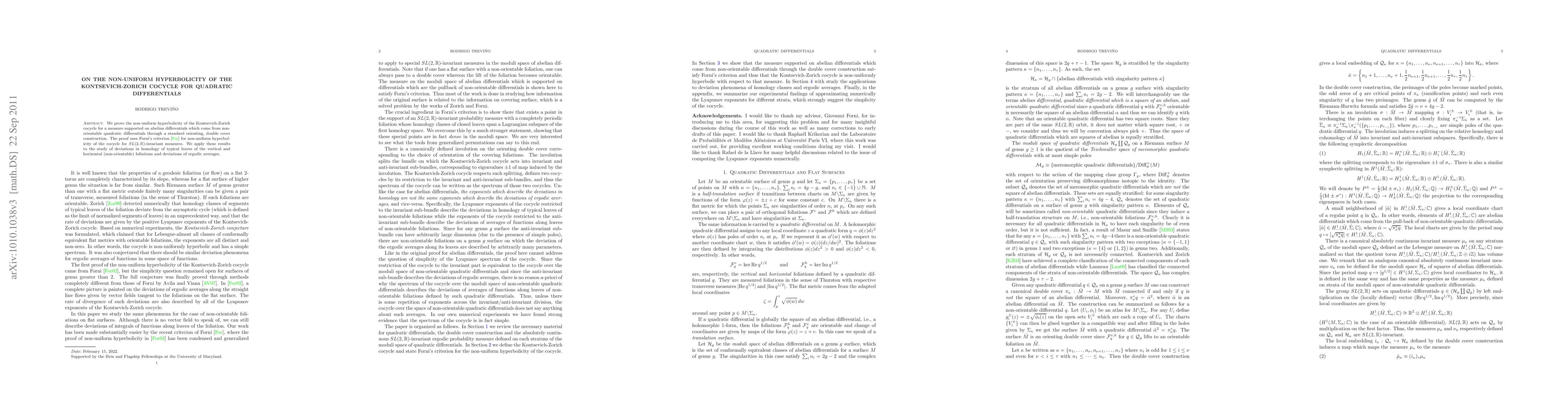 Thumbnail for On the Non-Uniform Hyperbolicity of the Kontsevich-Zorich Cocycle for
  Quadratic Differentials