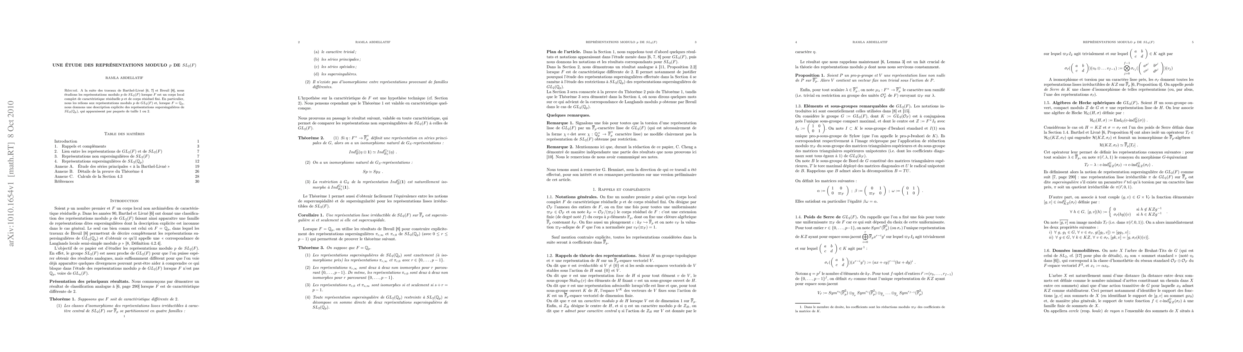 Thumbnail for Une \'etude des repr\'esentations modulo $p$ de SL(2,F)