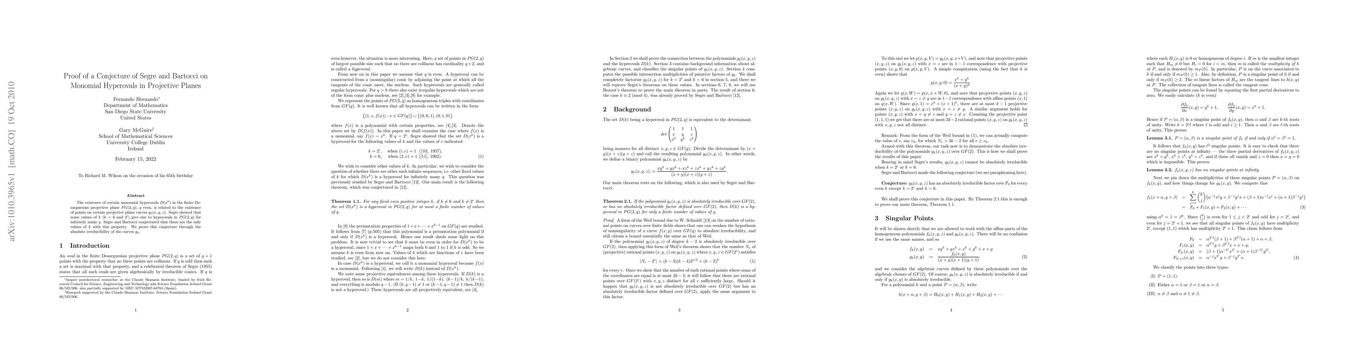 Thumbnail for Proof of a Conjecture of Segre and Bartocci on Monomial Hyperovals in
  Projective Planes
