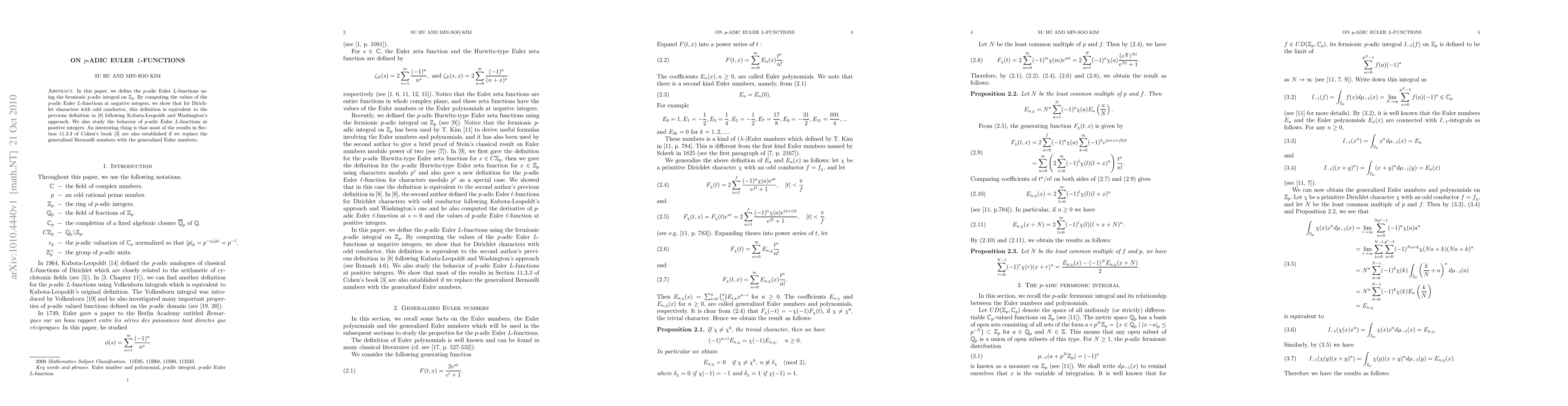 Thumbnail for On $p$-adic Euler $L$-functions