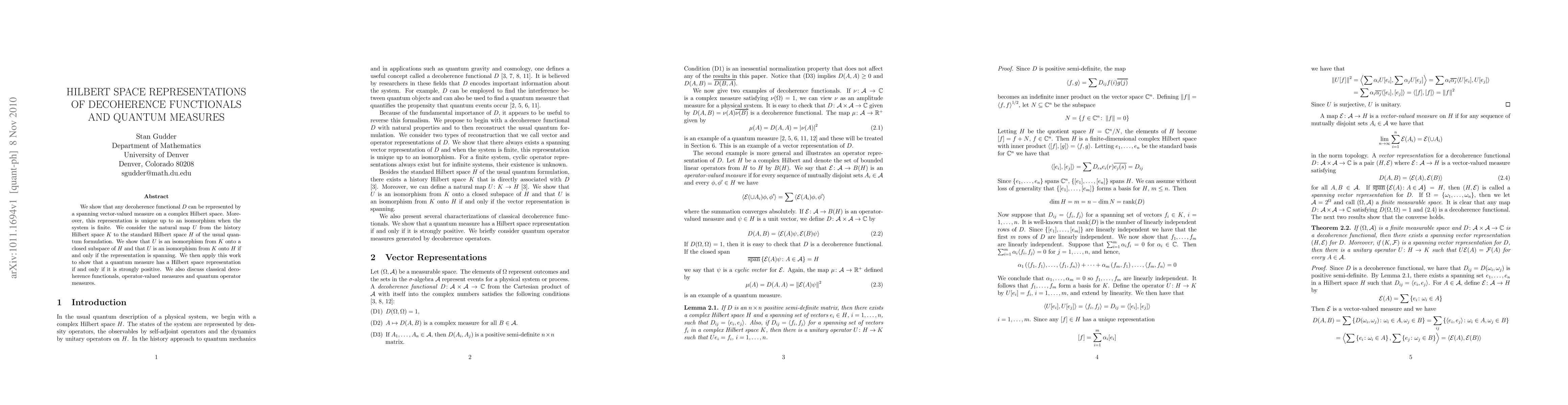 Thumbnail for Hilbert Space Representations of Decoherence Functionals and Quantum
  Measures