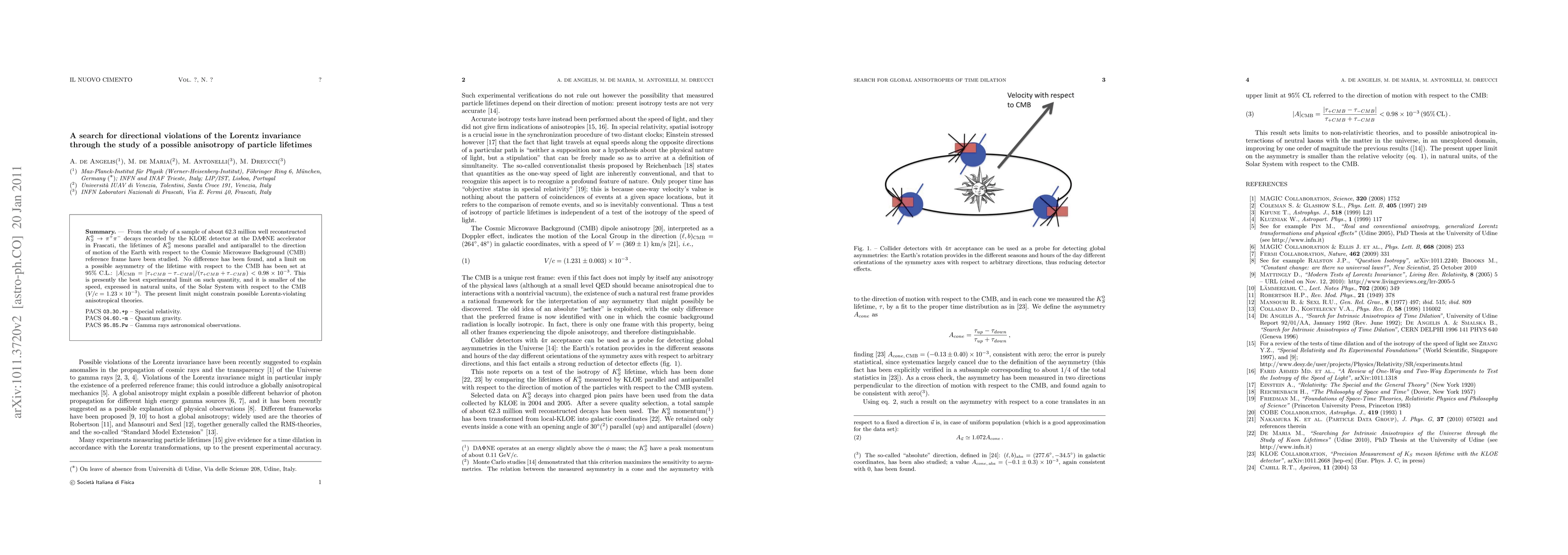 Thumbnail for A search for directional violations of the Lorentz invariance through
  the study of a possible asymmetry of particle lifetimes