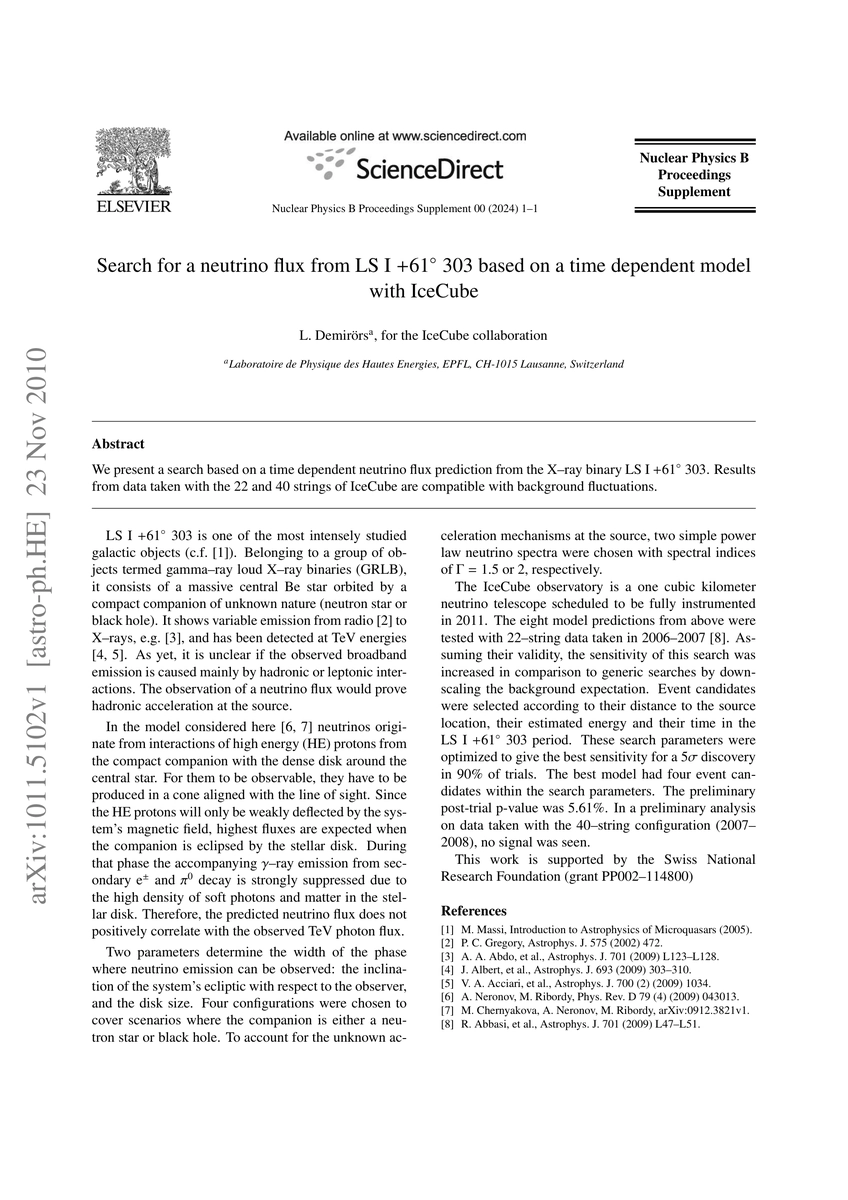 Thumbnail for Search for a neutrino flux from LS I +61 303 based on a time dependent
  model with IceCube
