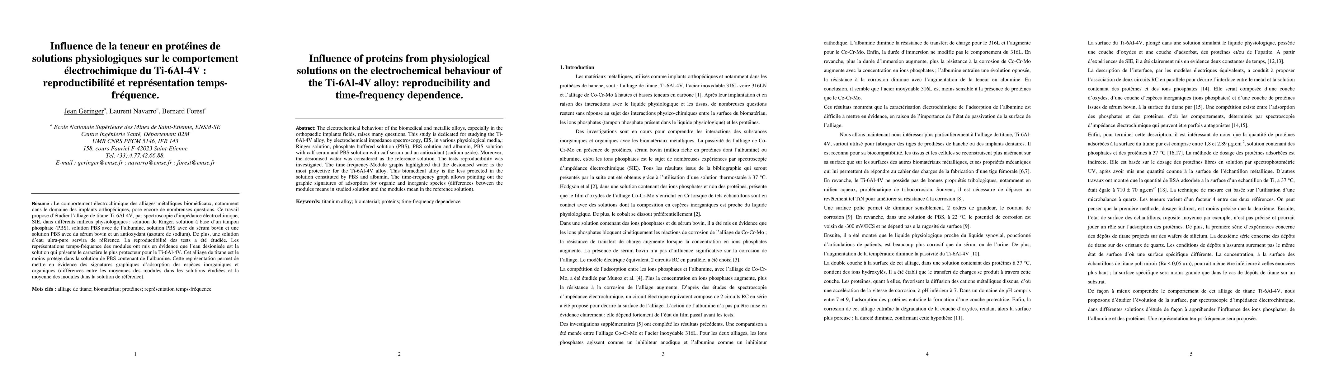 Thumbnail for Influence of proteins from physiological solutions on the
  electrochemical behaviour of the Ti-6Al-4V alloy: reproducibility and
  time-frequency dependence. ---- Influence de la teneur en prot\'eines de
  solutions physiologiques sur le comportement \'electrochimique du Ti-6Al-4V :
  reproductibilit\'e et repr\'esentation temps-fr\'equence