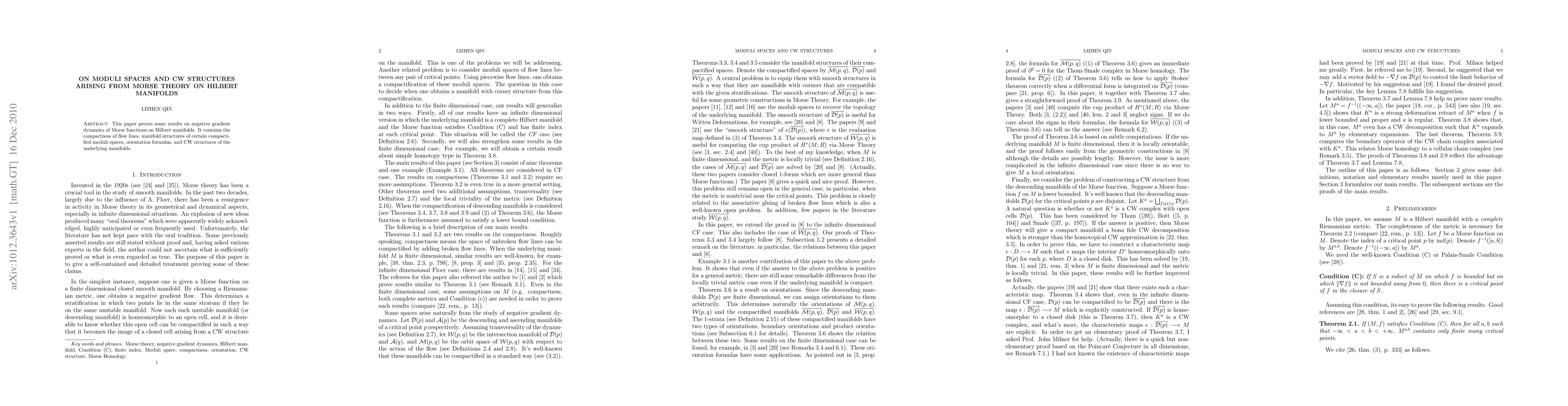 Thumbnail for On Moduli Spaces and CW Structures Arising from Morse Theory On Hilbert
  Manifolds