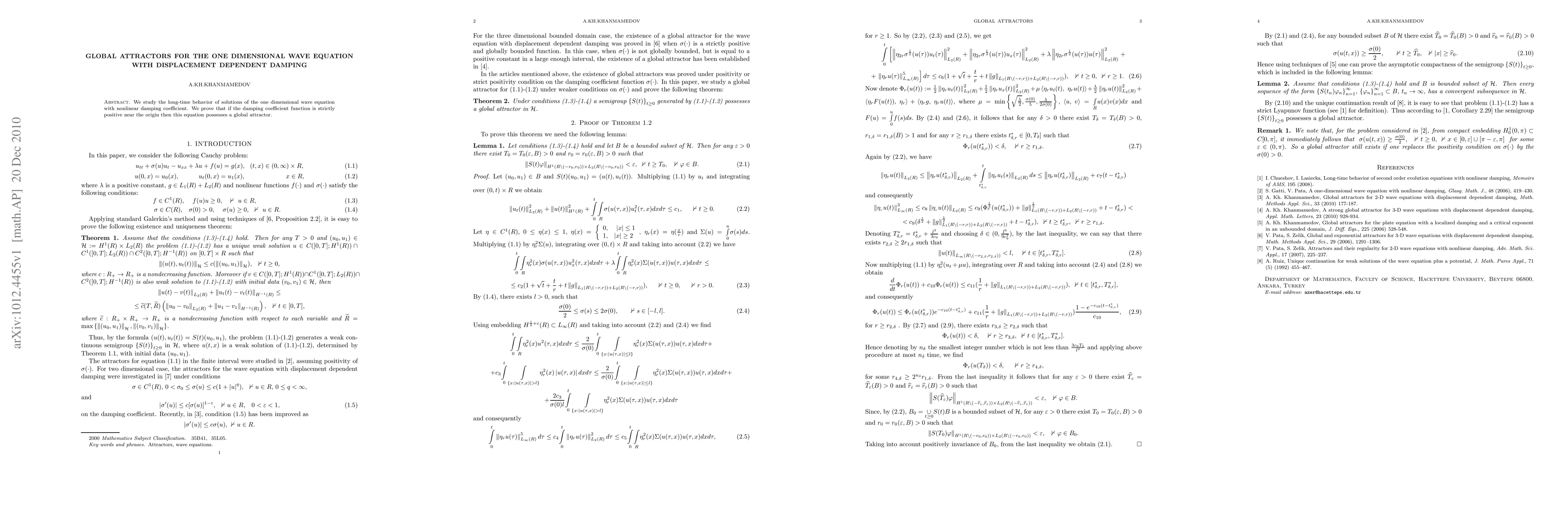 Thumbnail for Global attractors for the one dimensional wave equation with
  displacement dependent damping
