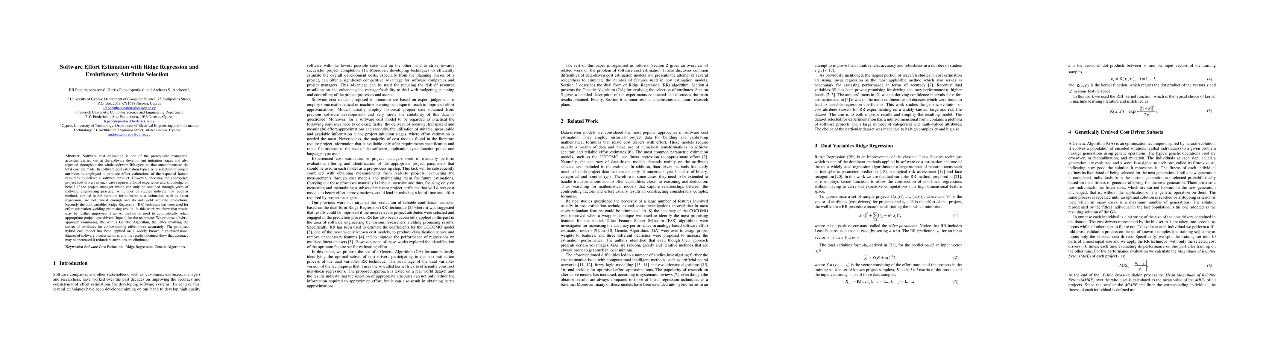 Thumbnail for Software Effort Estimation with Ridge Regression and Evolutionary
  Attribute Selection
