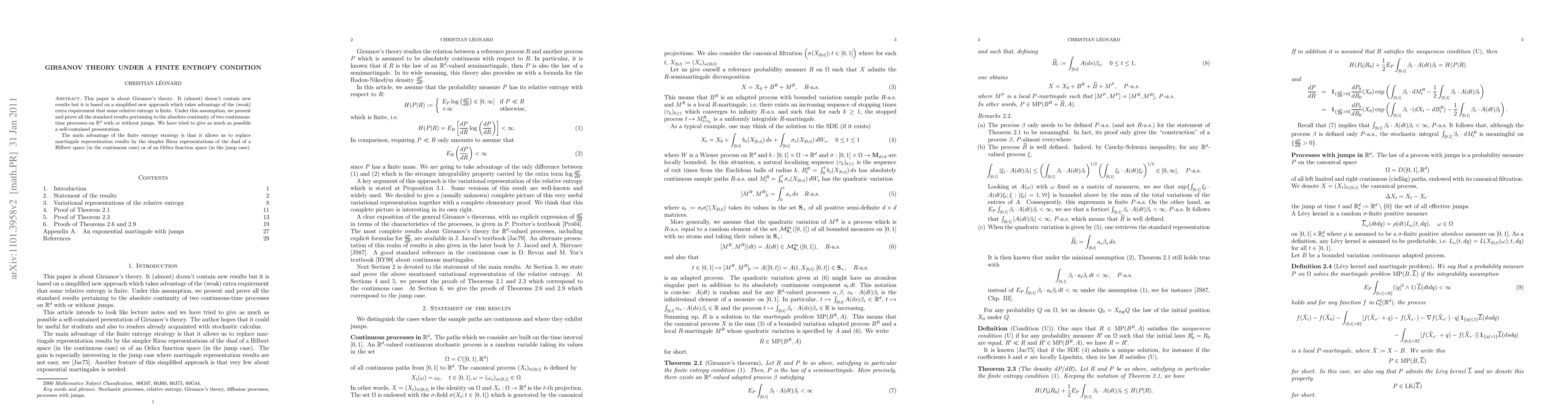 Thumbnail for Girsanov theory under a finite entropy condition