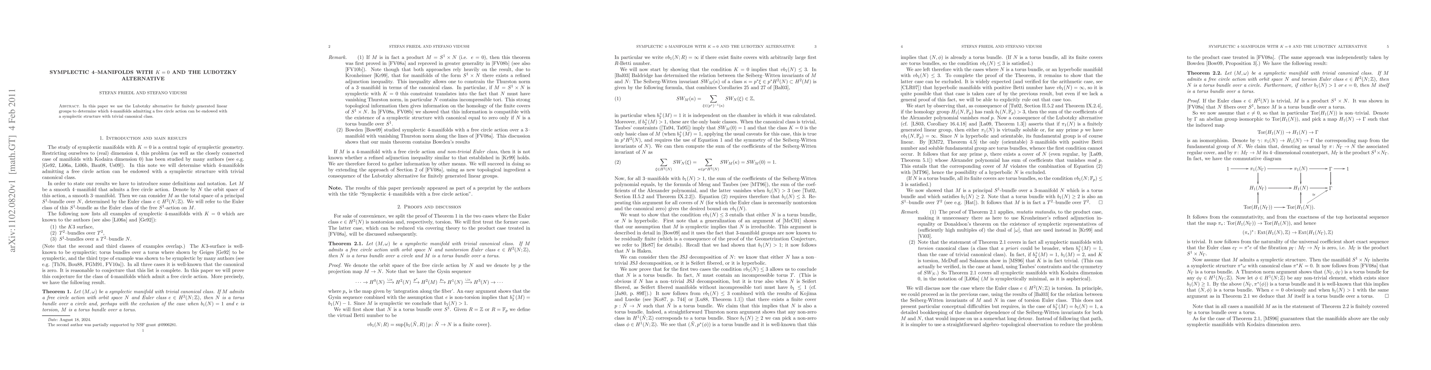 Thumbnail for Symplectic 4--manifolds with K = 0 and the Lubotzky alternative