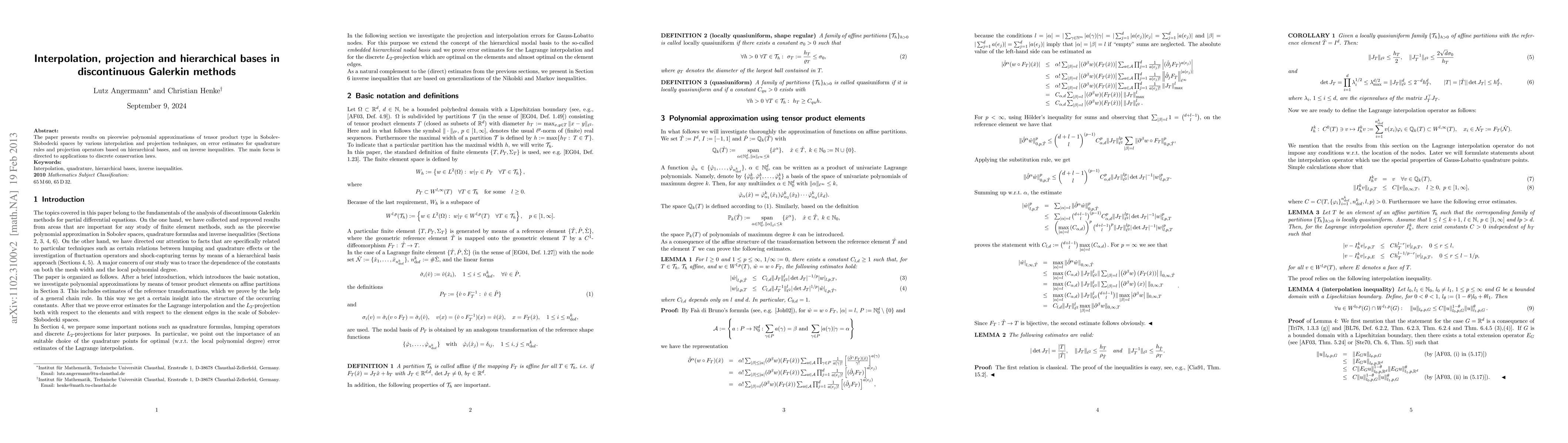 Thumbnail for Interpolation, projection and hierarchical bases in discontinuous
  Galerkin methods