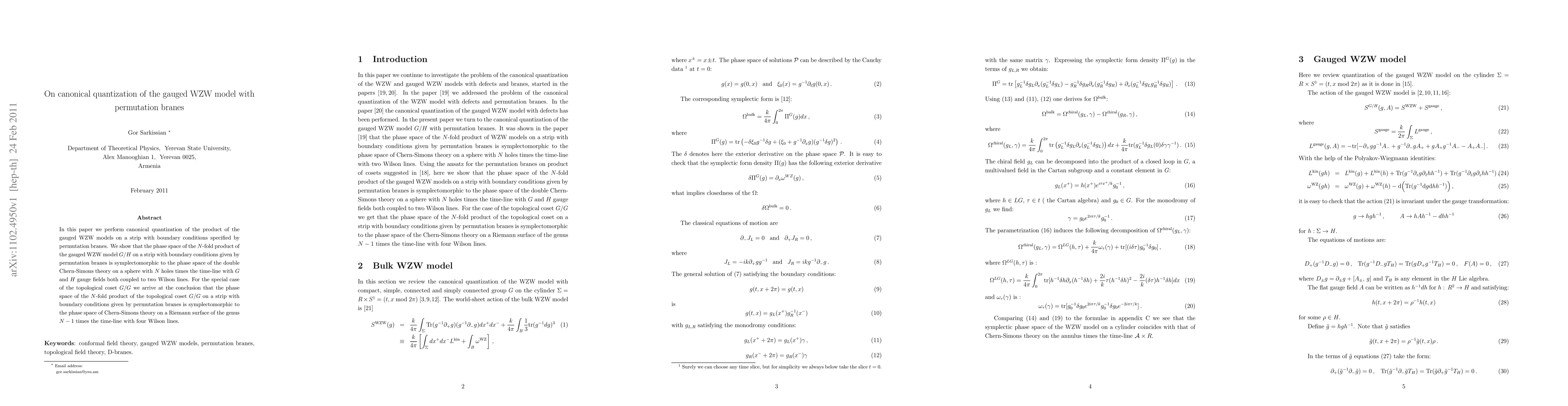 Thumbnail for On canonical quantization of the gauged WZW model with permutation
  branes