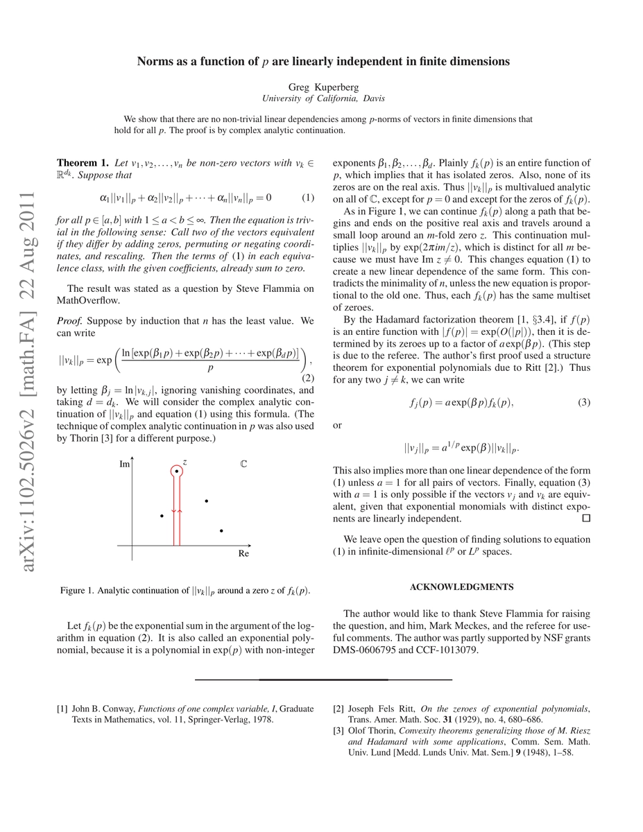 Thumbnail for Norms as a function of p are linearly independent in finite dimensions