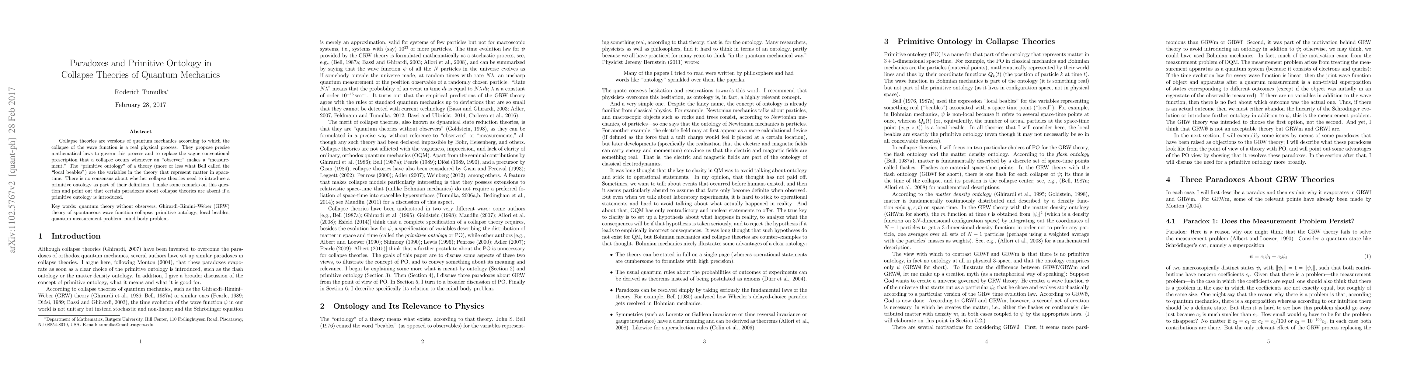 Thumbnail for Paradoxes and Primitive Ontology in Collapse Theories of Quantum
  Mechanics