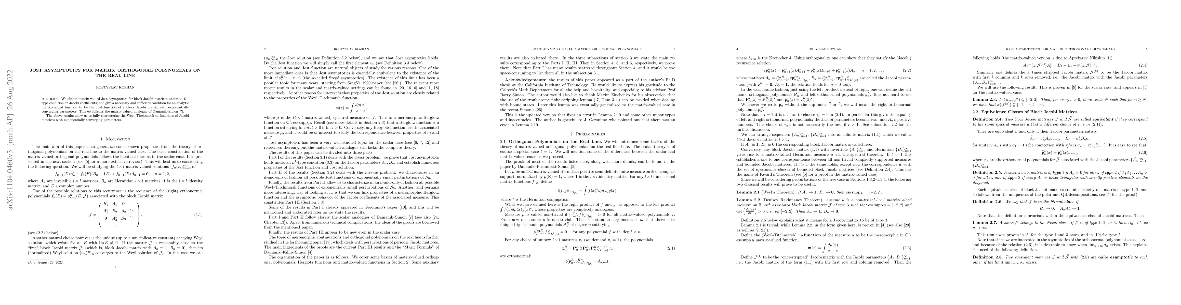 Thumbnail for Jost asymptotics for matrix orthogonal polynomials on the real line