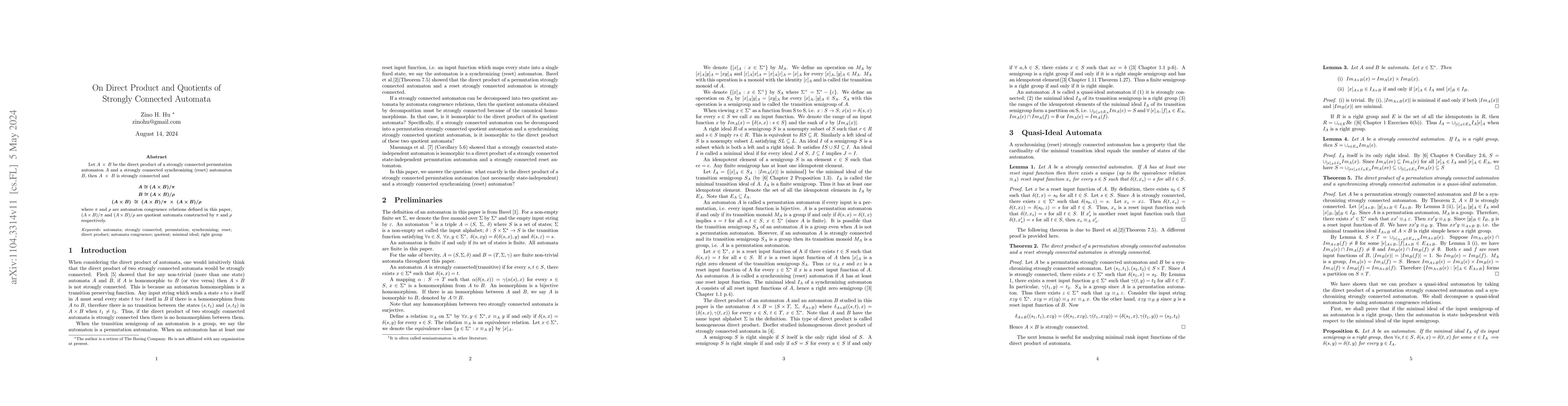 Thumbnail for On Direct Product and Quotient of Strongly Connected Automata