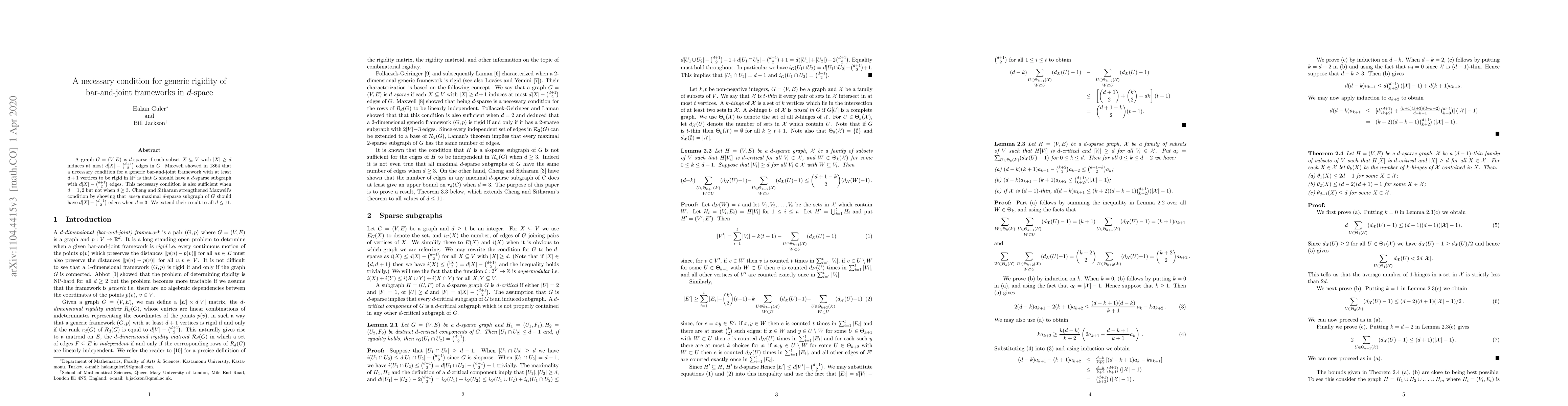 Thumbnail for A necessary condition for generic rigidity of bar-and-joint frameworks
  in $d$-space
