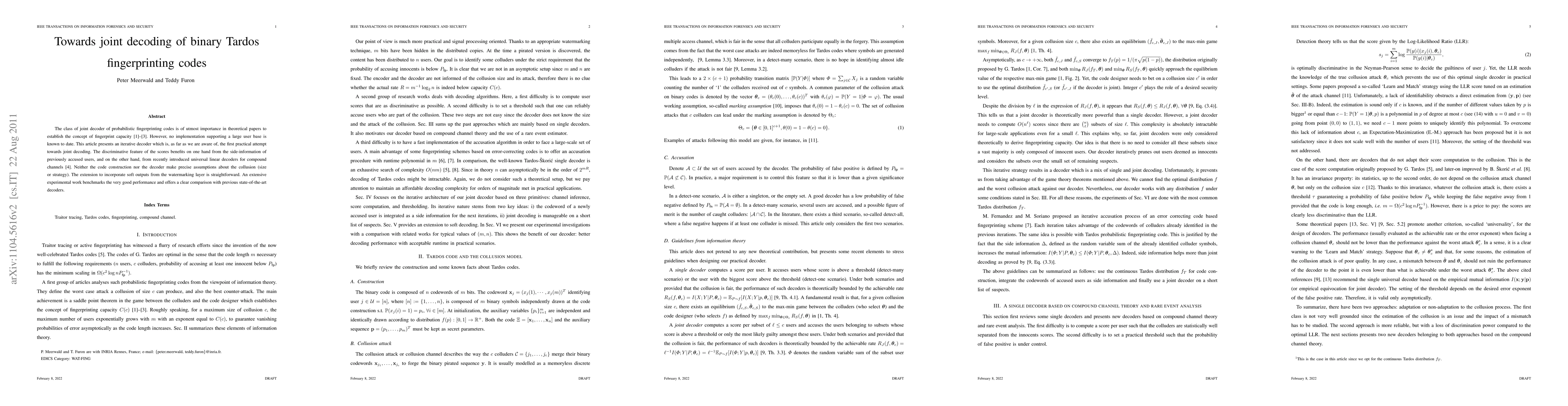 Thumbnail for Towards joint decoding of binary Tardos fingerprinting codes