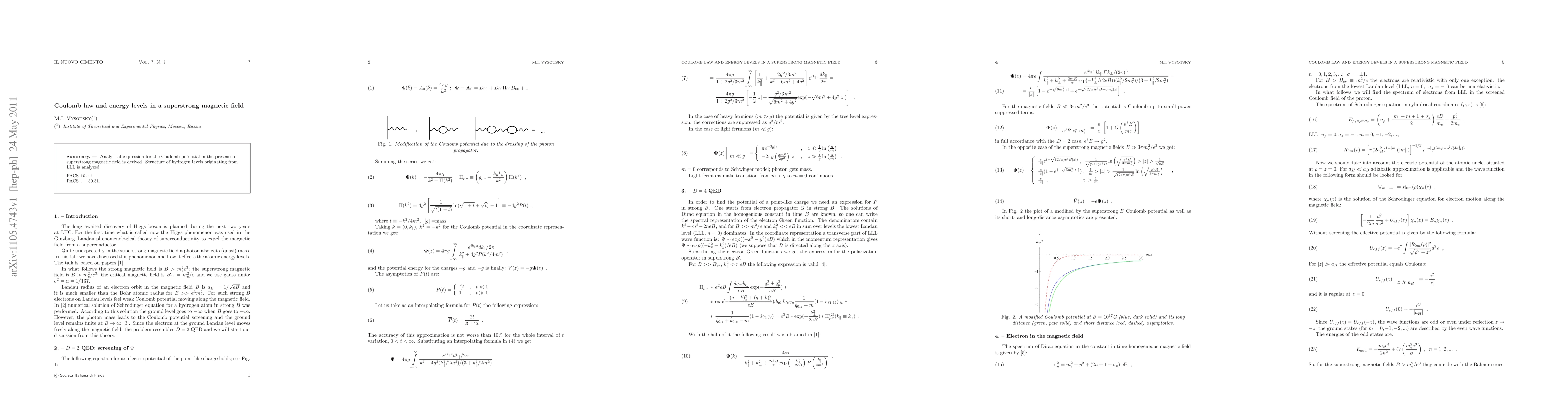 Thumbnail for Coulomb law and energy levels in a superstrong magnetic field