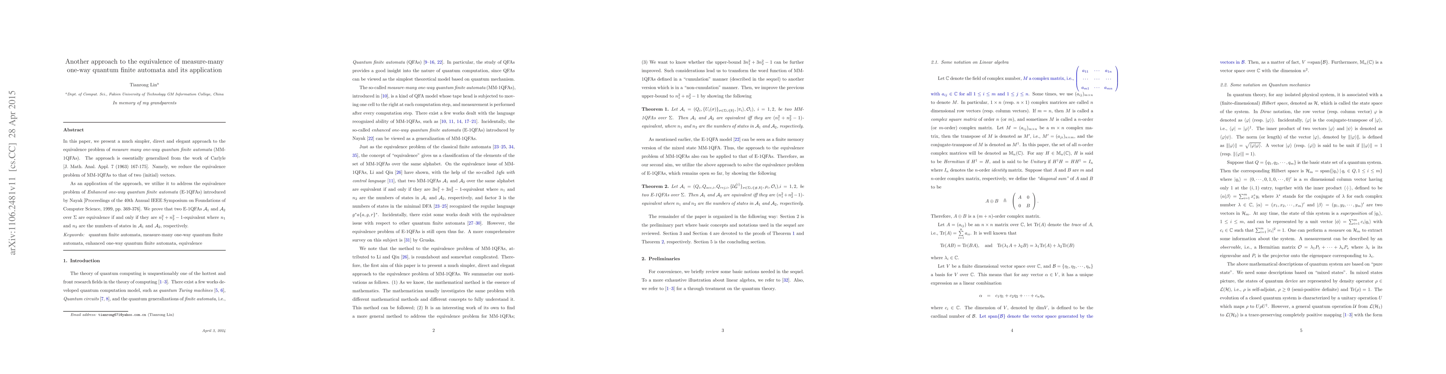 Thumbnail for Another approach to the equivalence of measure-many one-way quantum
  finite automata and its application