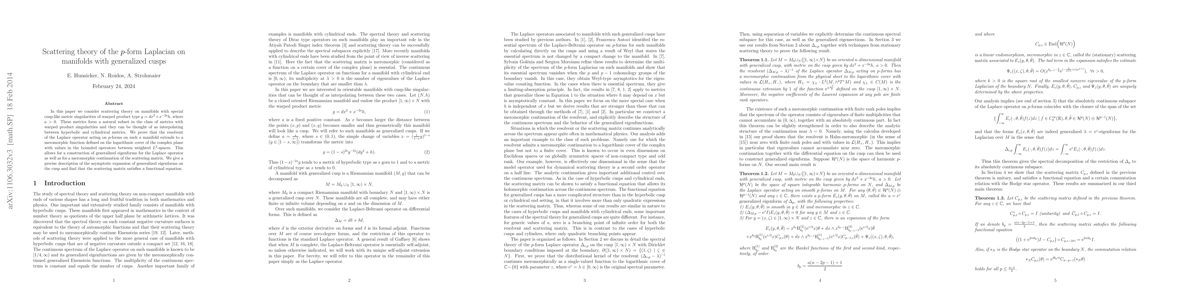 Thumbnail for Scattering theory of the $p$-form Laplacian on manifolds with
  generalized cusps