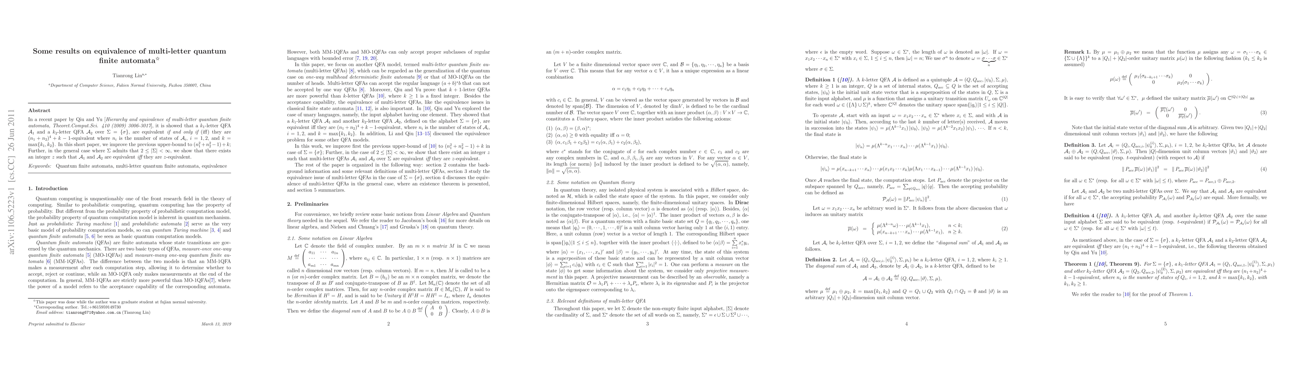 Thumbnail for Some results on equivalence of multi-letter quantum finite automata