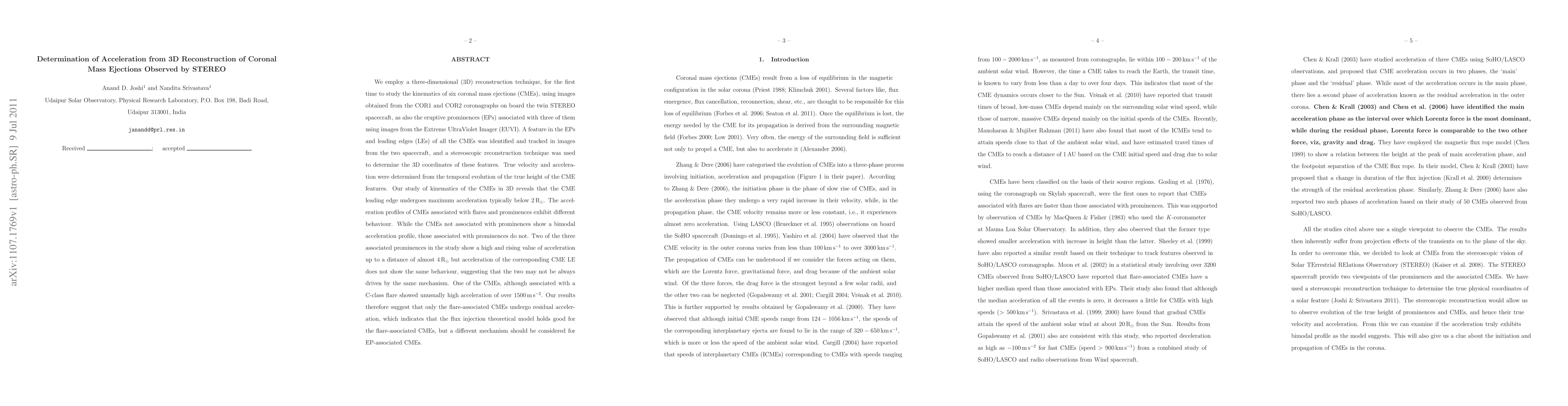 Thumbnail for Determination of Acceleration from 3D Reconstruction of Coronal Mass
  Ejections Observed by STEREO
