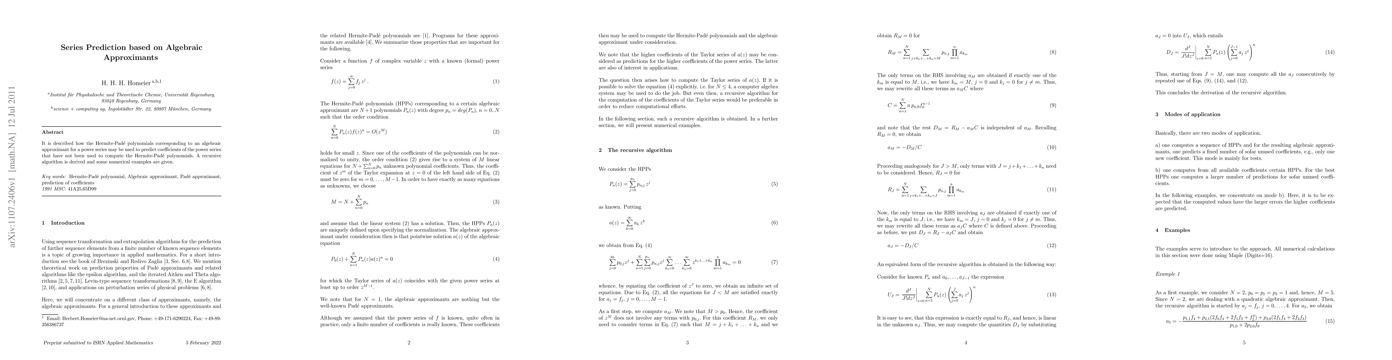 Thumbnail for Series Prediction based on Algebraic Approximants