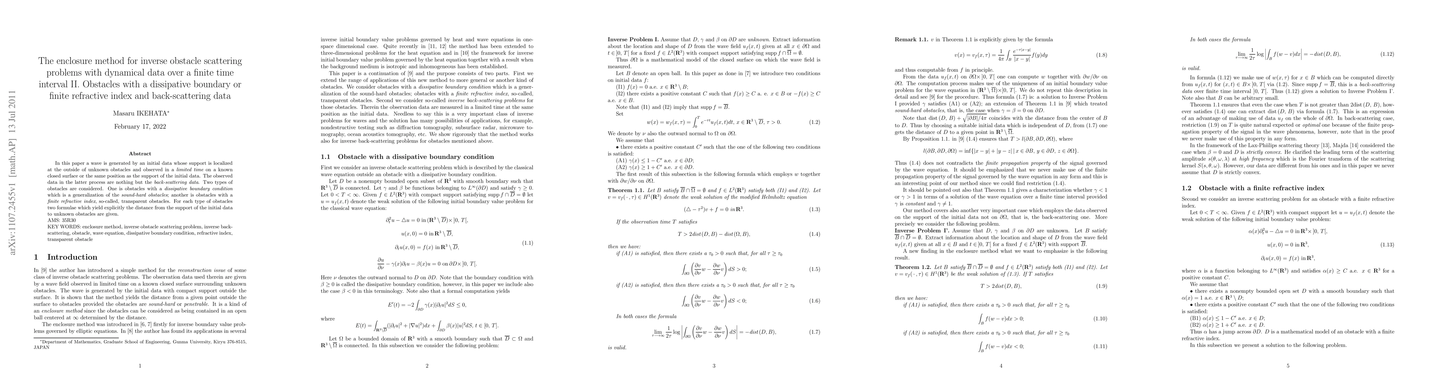 Thumbnail for The enclosure method for inverse obstacle scattering problems with
  dynamical data over a finite time interval II. Obstacles with a dissipative
  boundary or finite refractive index and back-scattering data