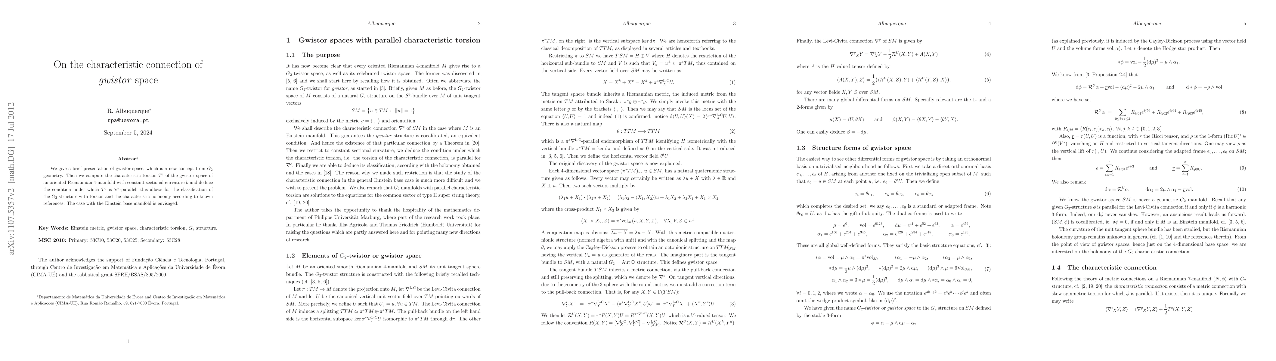 Thumbnail for On the characteristic connection of gwistor space