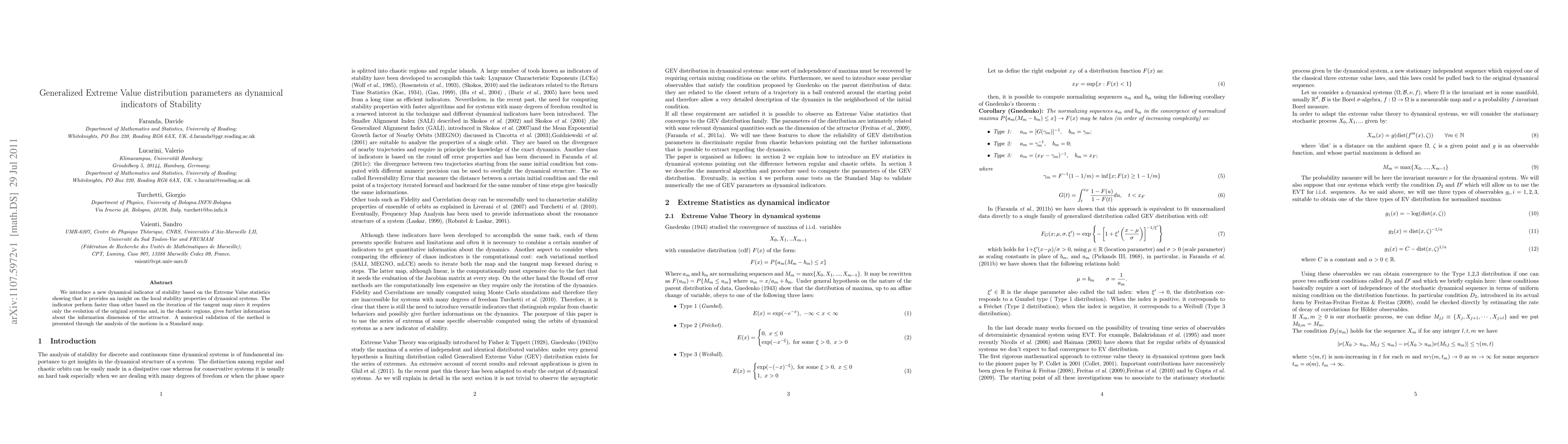 Thumbnail for Generalized Extreme Value distribution parameters as dynamical
  indicators of Stability