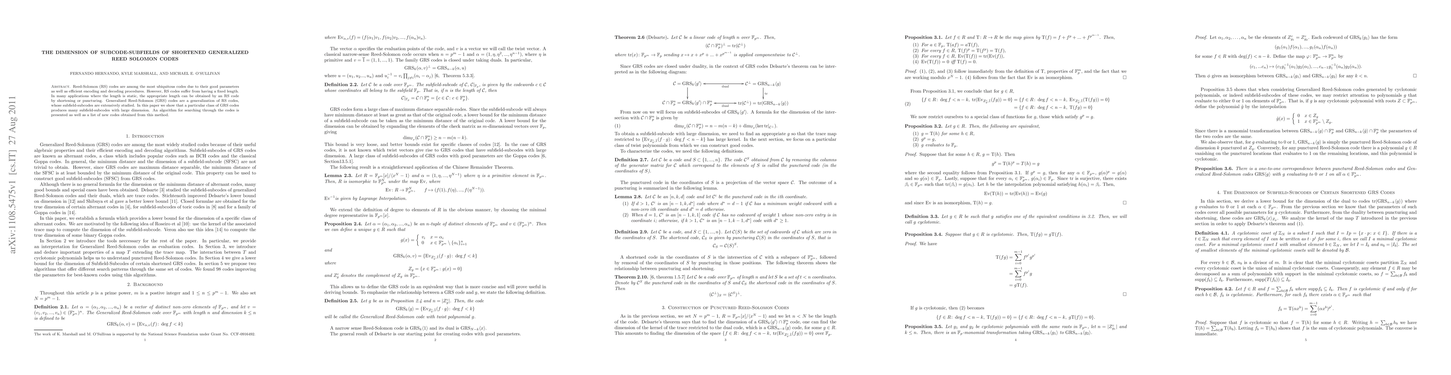 Thumbnail for The Dimension of Subcode-Subfields of Shortened Generalized Reed Solomon
  Codes
