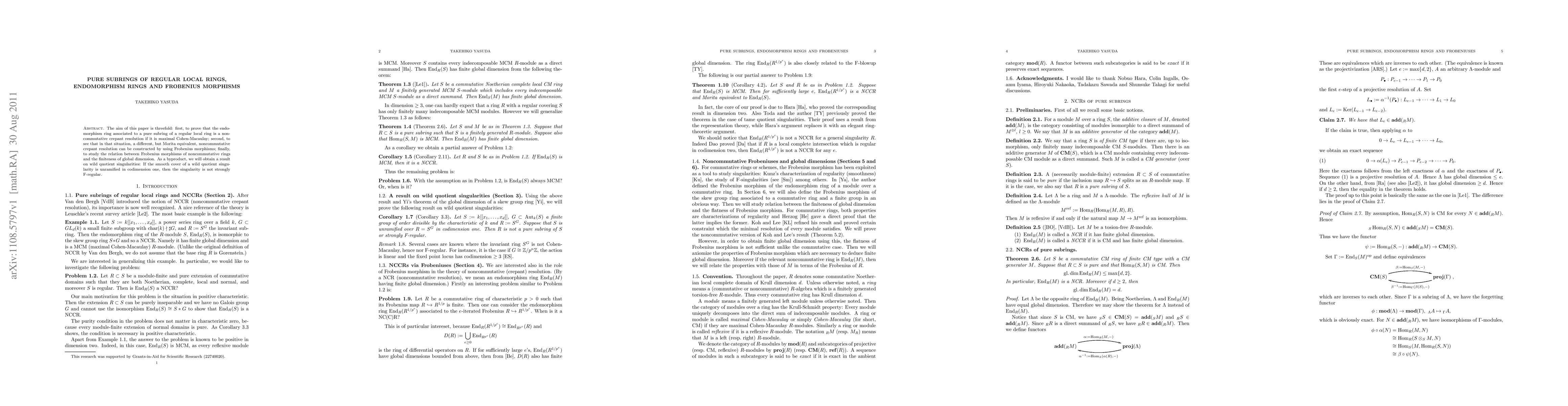 Thumbnail for Pure subrings of regular local rings, endomorphism rings and Frobenius
  morphisms